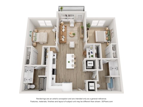 Floor plan for 2 beds, 2 baths, 1101 sqft